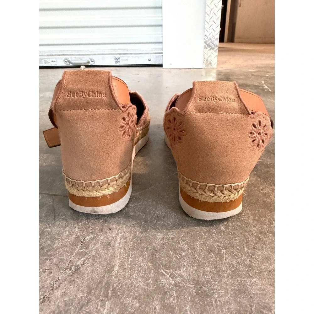 See By Chloe Glyn Suede Scalloped Espadrille Platform Ankle Strap Sandals Tan 36